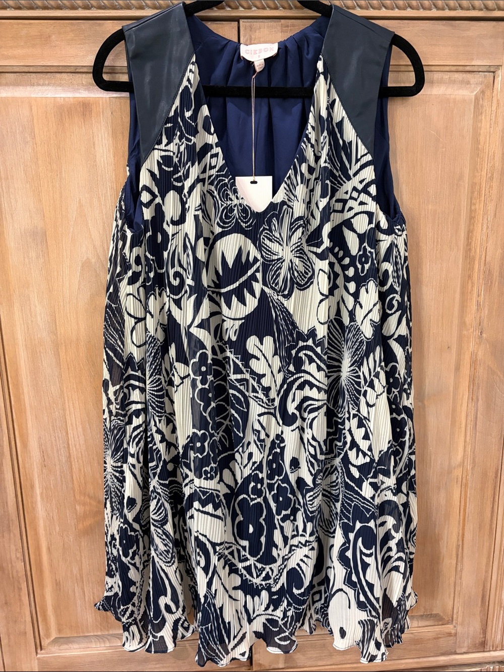 Corbin Sleeveless Navy Mixed Media Pleated Mini Dress